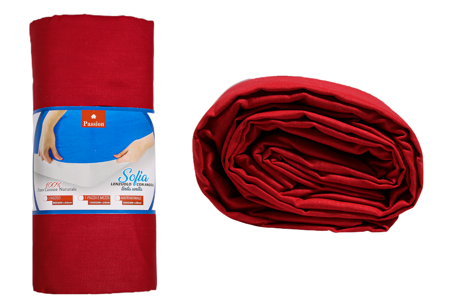 Lenzuolo Sotto Con Angoli Rosso Tinta Unita 100% Cotone Naturale